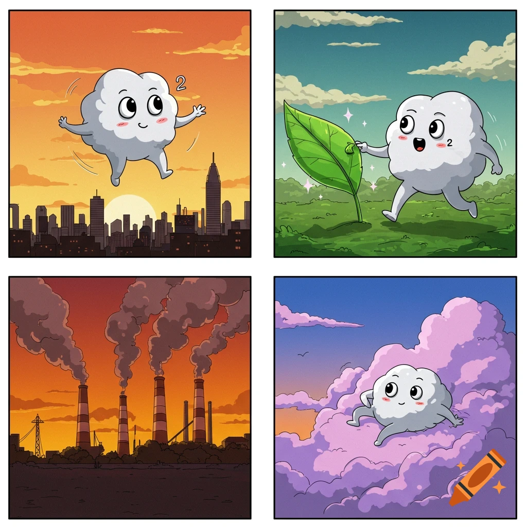 A four-panel comic strip featuring a cute anthropomorphic cloud with a '2' on it. Panels show it over a city, holding a leaf, industrial chimneys polluting, and floating on clouds.