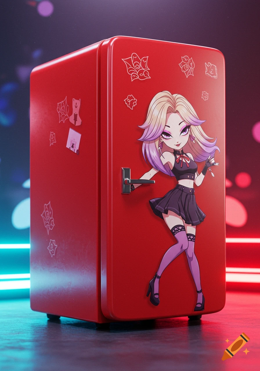 An anime-style character resembling Zoey from Kpop Demon Hunters, wearing a crop top and skirt, appears as a decal on a red mini-fridge.