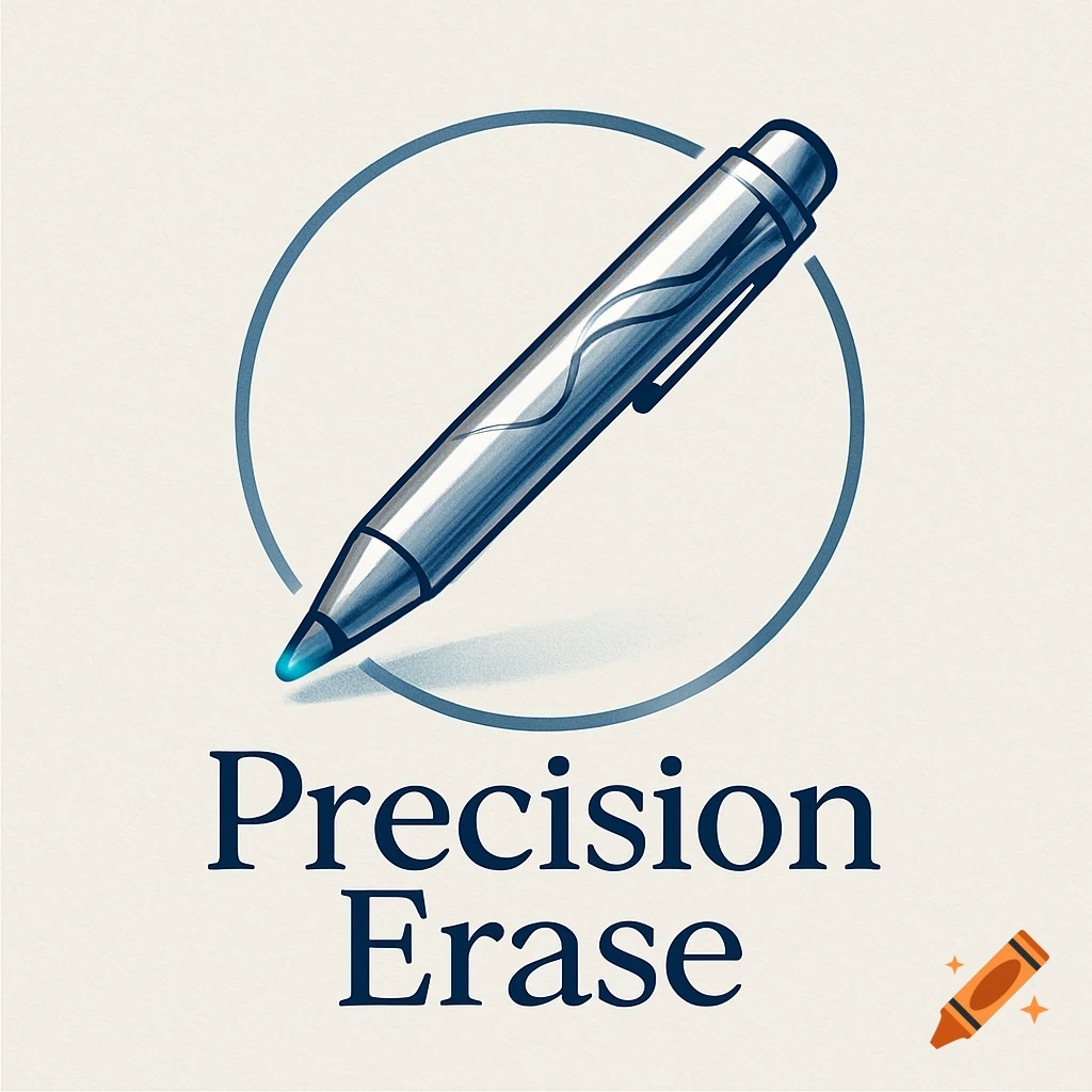 A stylized logo features a silver erasable pen with a glowing blue tip inside a blue circle, above the words "Precision Erase".