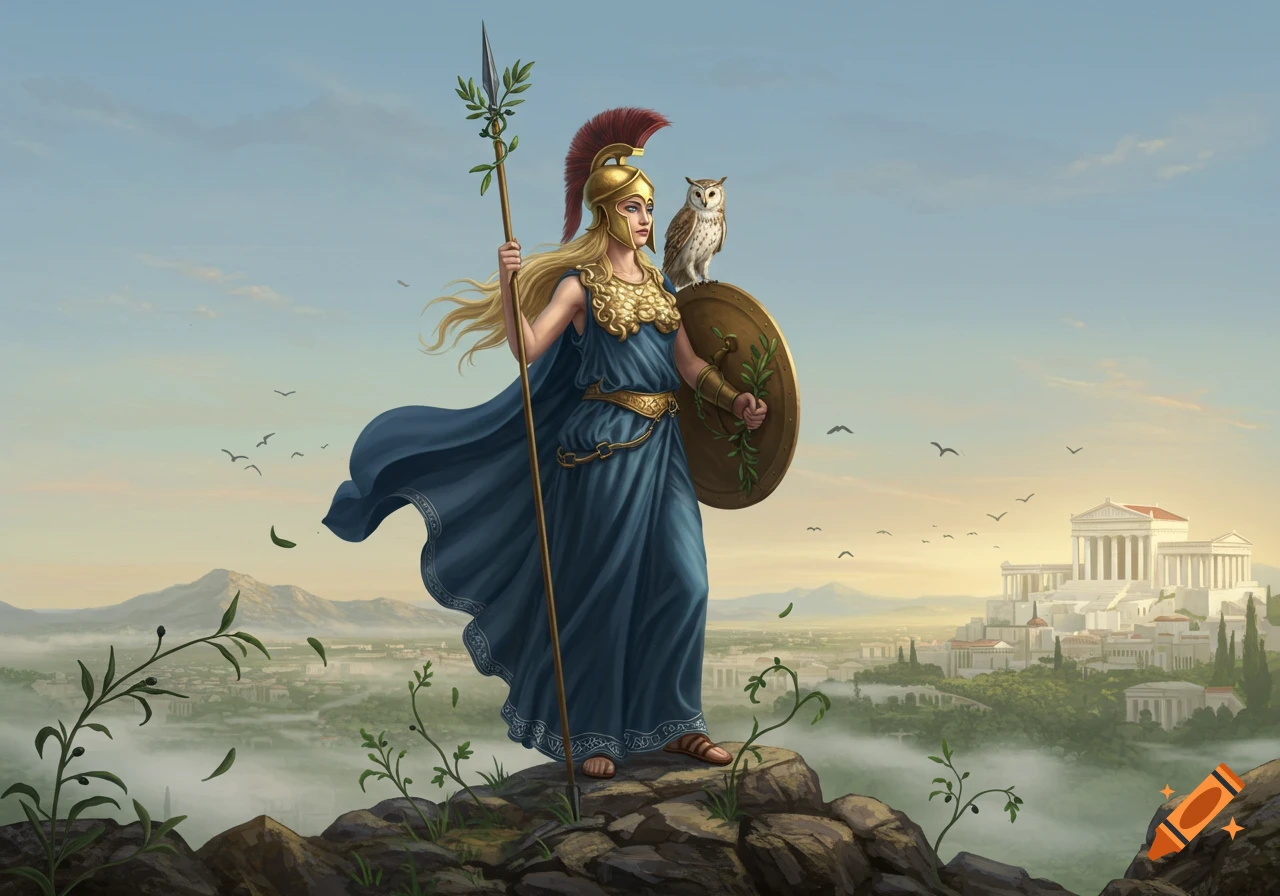 Illustrated Athena with an owl on her shoulder, holding a spear and shield, overlooking an ancient city from a rocky cliff.