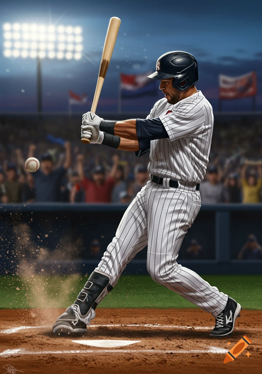Dynamic illustration of a baseball player in a pinstriped uniform swinging a bat, kicking up dirt as a baseball flies. Night stadium scene.