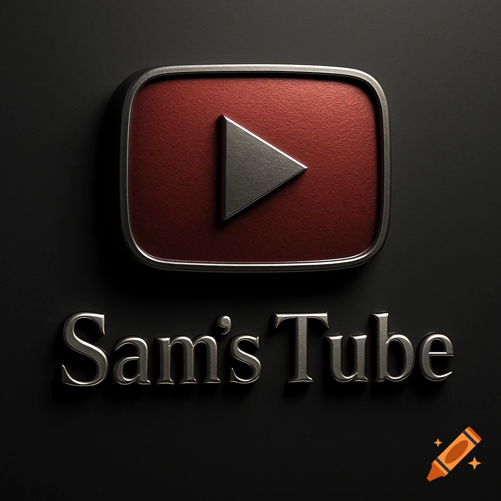A 3D metallic YouTube logo with a silver play button, above the silver text "Sam's Tube" on a dark background.