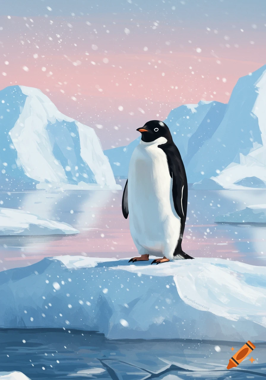 A black and white penguin stands on an ice floe in a snowy, icy arctic landscape with a pink and blue sky, digital illustration.