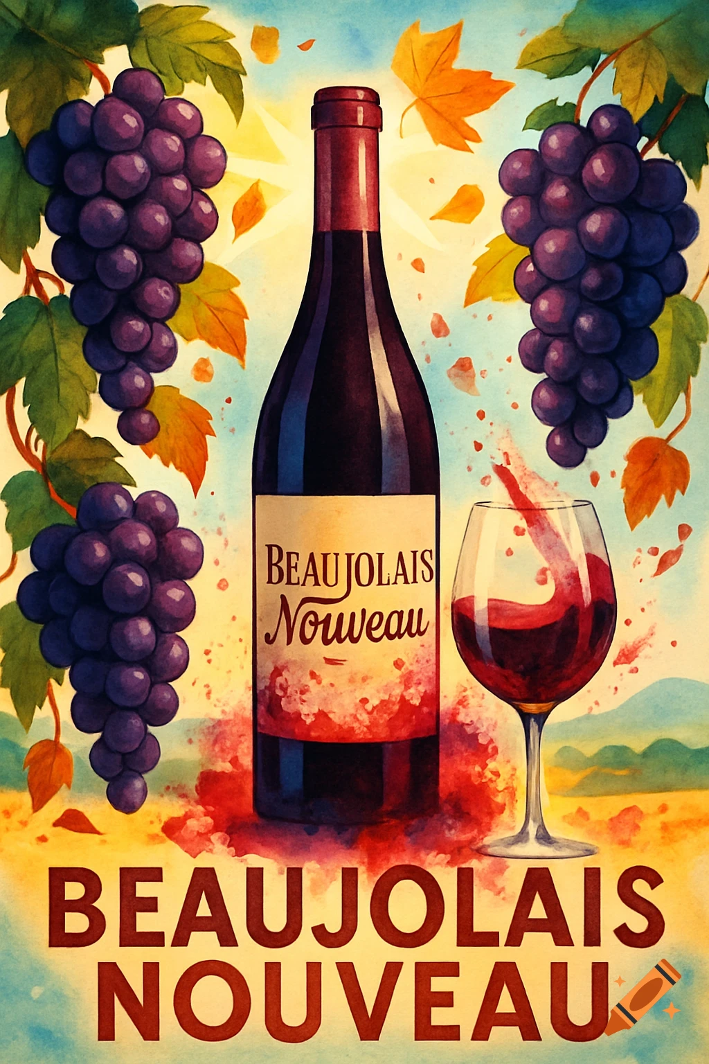 A vintage-style poster depicting a bottle of Beaujolais Nouveau wine, grapes, and autumn leaves, with red wine splashing into a glass.