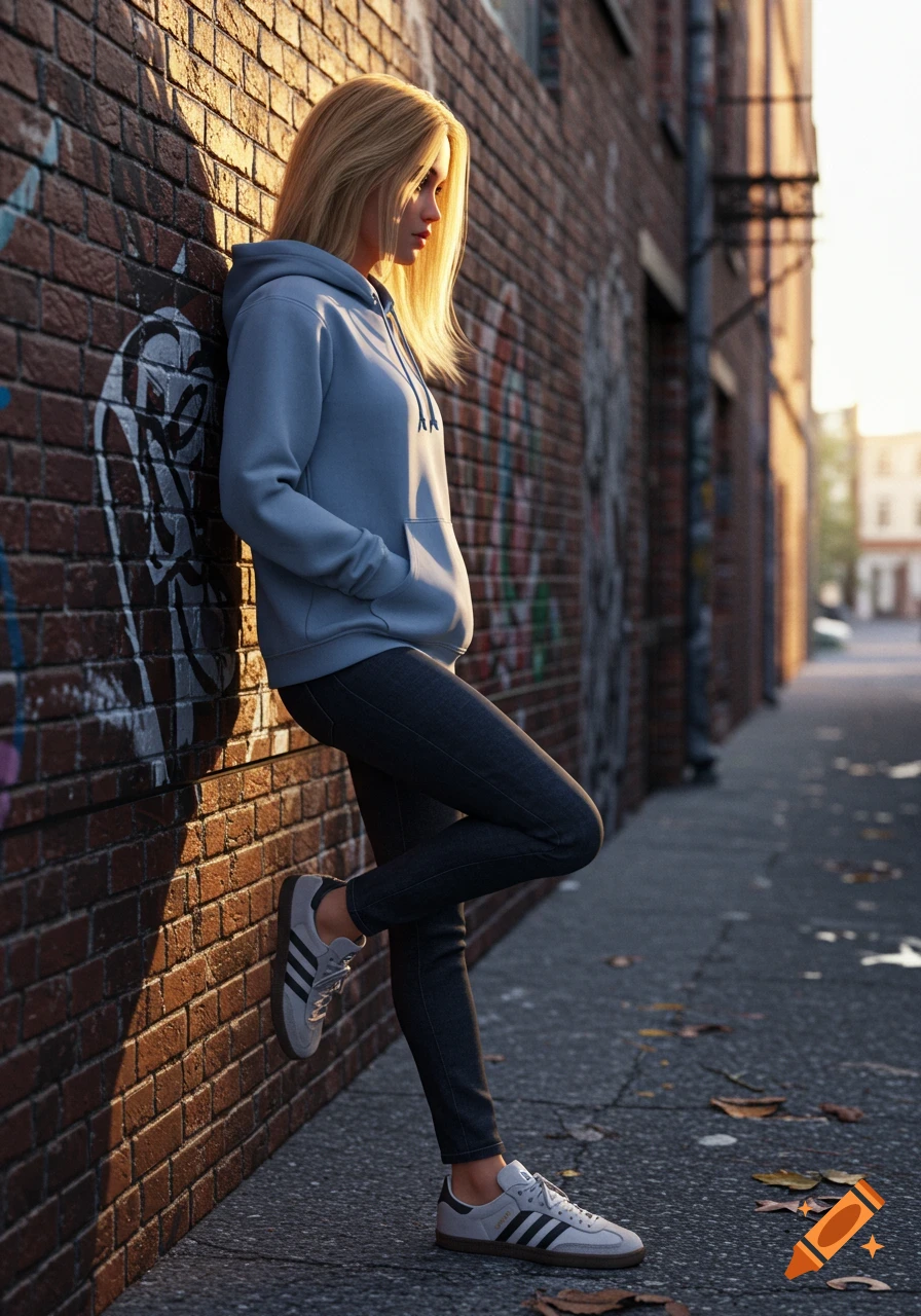 A blonde woman in a light blue hoodie and dark jeans leans against a graffiti-covered brick wall in an urban alley with sunlight.