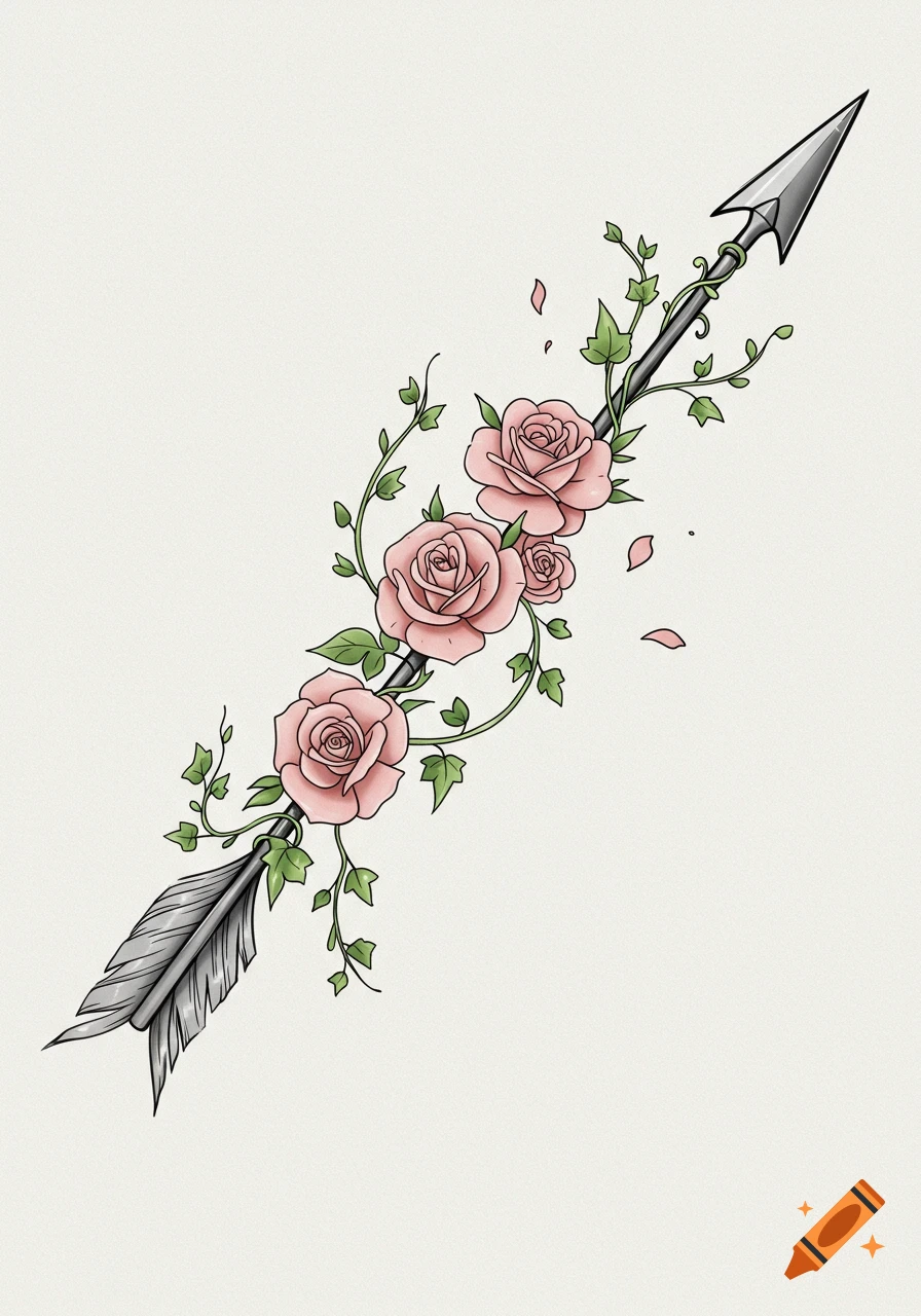 A stylized illustration of a gray arrow adorned with pink roses and green ivy vines, resembling a tattoo design.