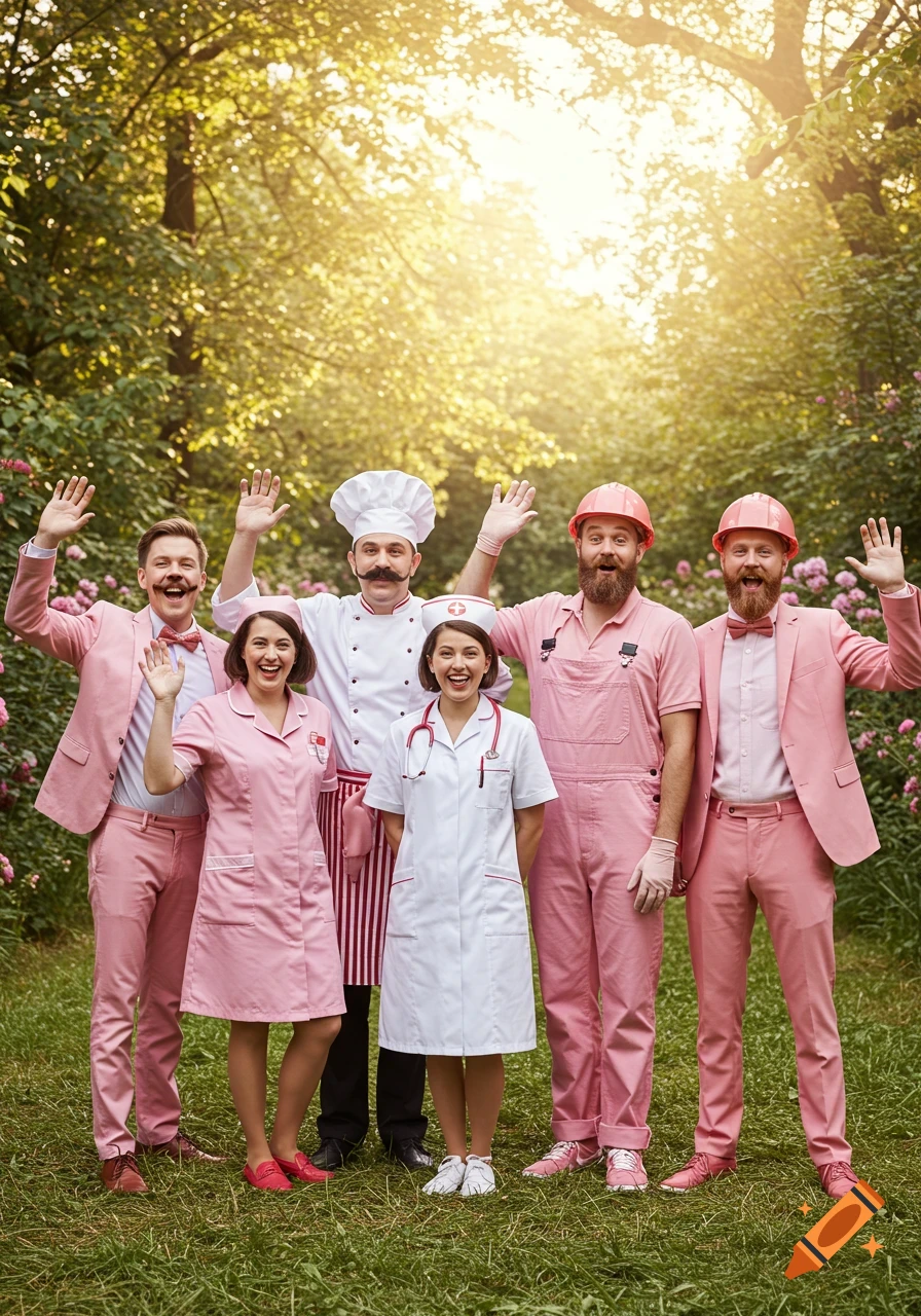 Six people in pink and white costumes, including chefs, nurses, and construction workers, smile and wave in a sunny park.
