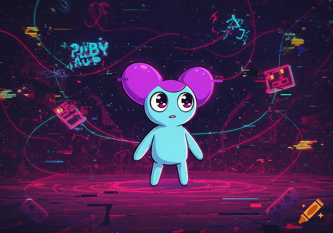 A blue cartoon character with large purple ears and big eyes stands in a dark, glitchy, retro-futuristic landscape with neon lines and distorted elements.