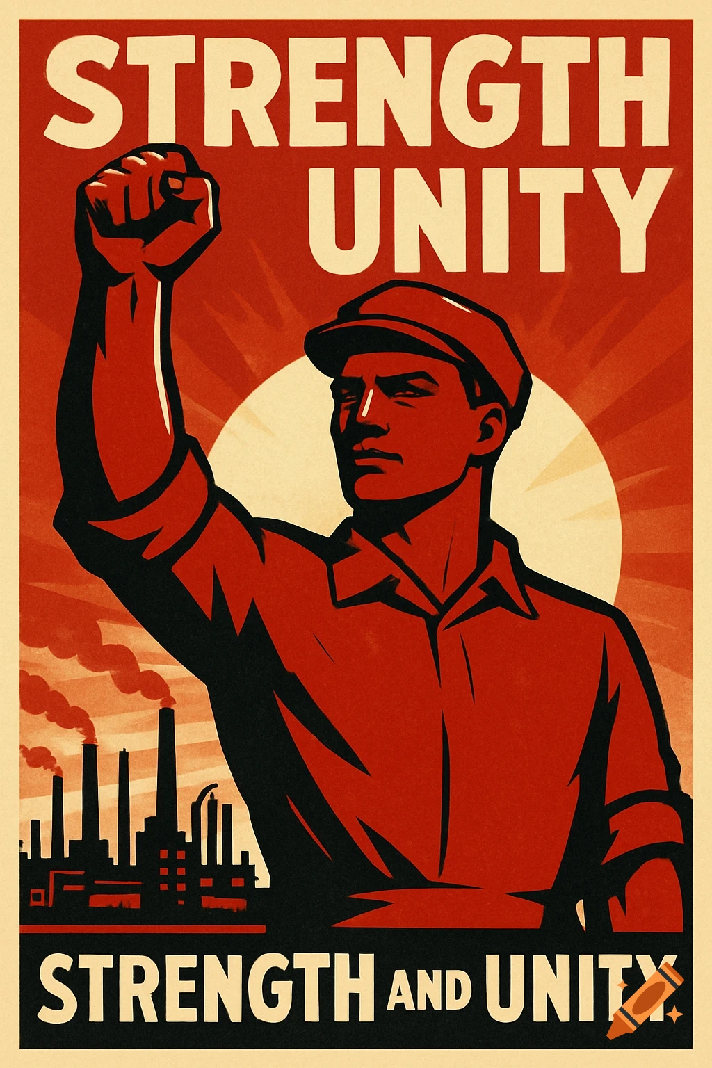 Red and cream propaganda poster depicting a man with a raised fist, industrial smokestacks, and the text 'STRENGTH UNITY'.