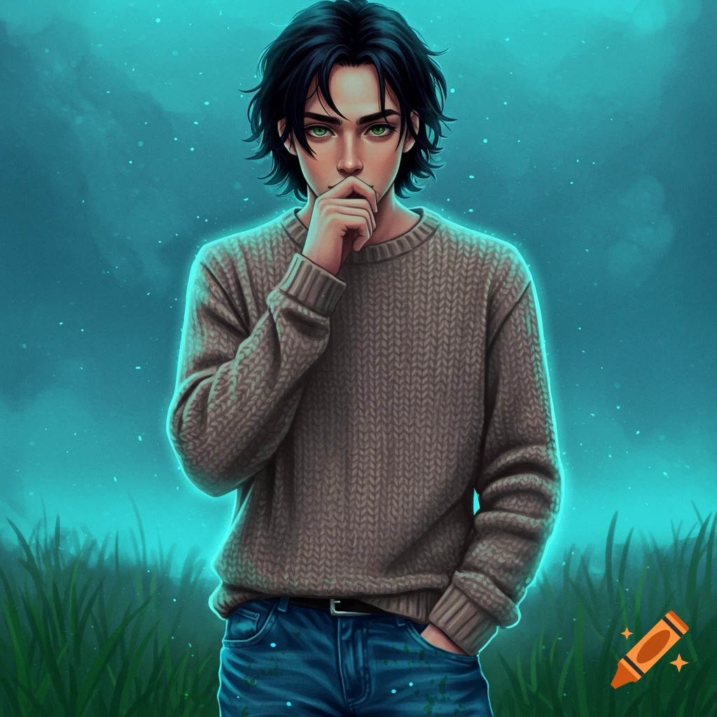 Stylized illustration of a young man with black hair and green eyes ...