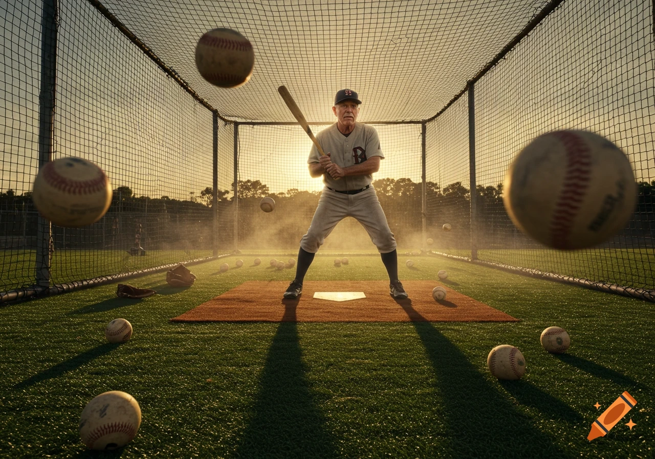 A stoic old man in a baseball uniform holds a bat, standing at home plate in a batting cage at sunset with many baseballs around.