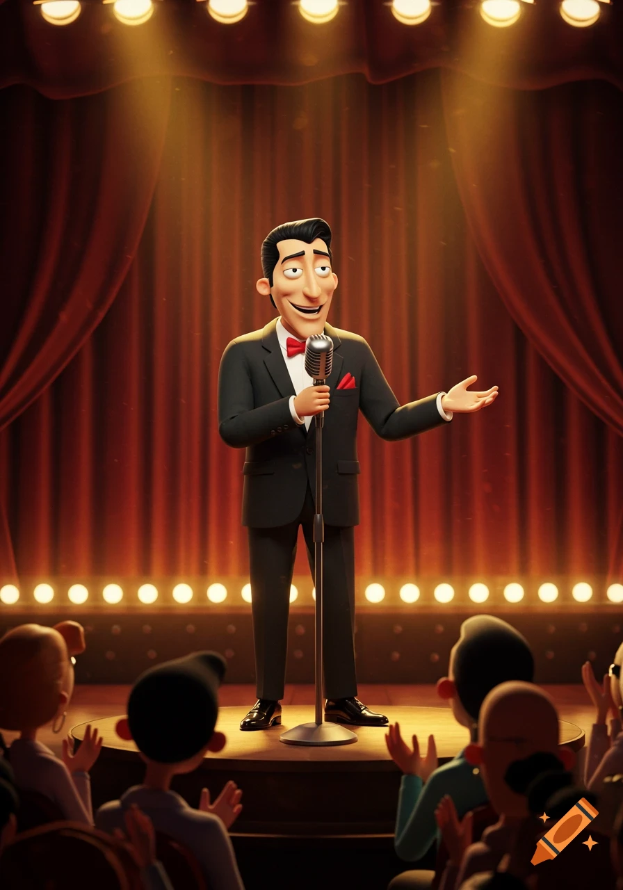 A cartoon man in a suit and bow tie sings into a microphone on a spotlighted stage in front of an audience.