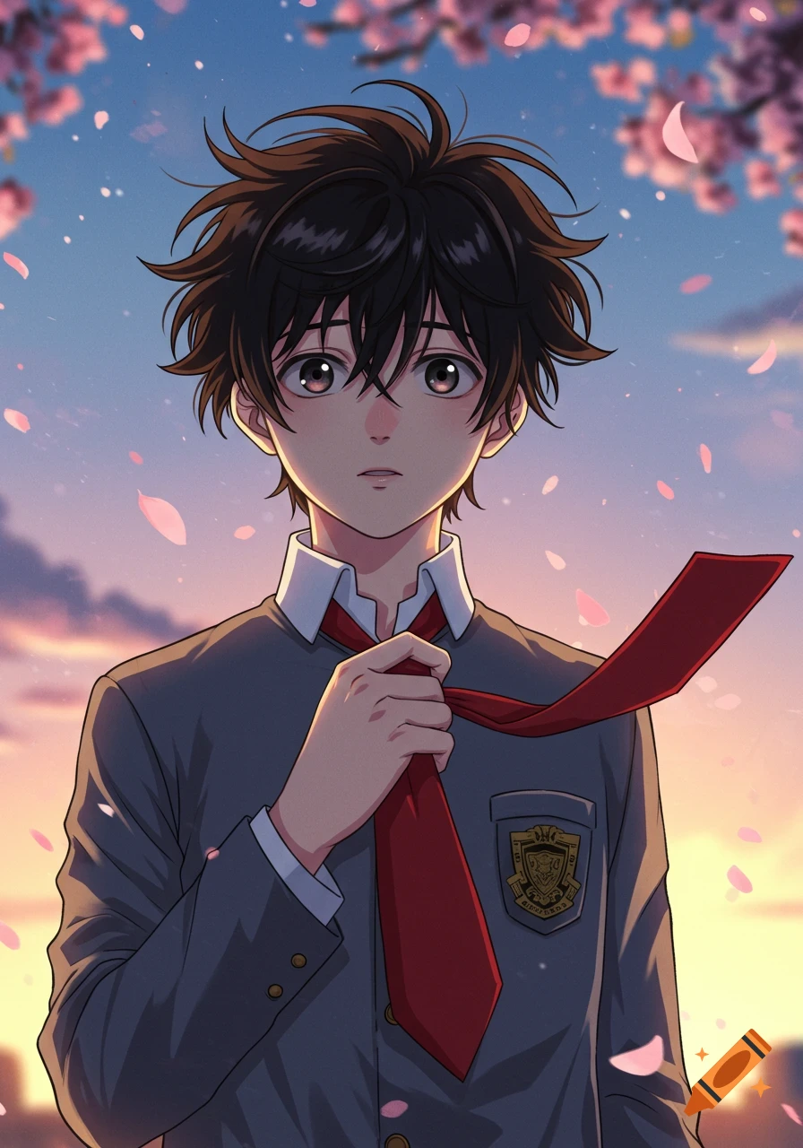 Anime boy in a school uniform adjusting his red tie, with cherry blossoms and a sunset sky in the background.