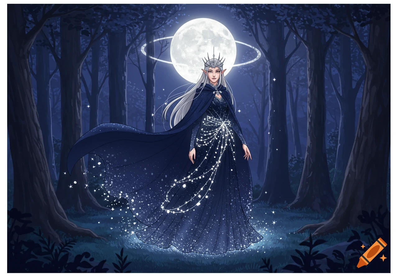 Anime-style elf in a dark blue, star-covered dress and cloak, wearing a tiara, standing in a moonlit forest with a haloed moon.