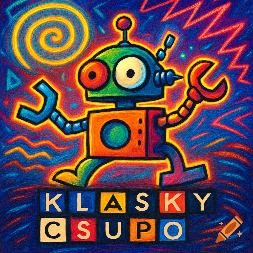 A vibrant, textured cartoon robot with a wrench for a hand, walking over KLASKY CSUPO text blocks, against an abstract colorful background.