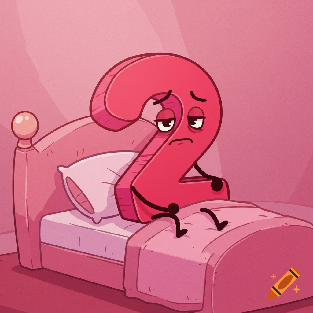 A sad, anthropomorphic red number 2 sits on a pink bed in a pink cartoon room.