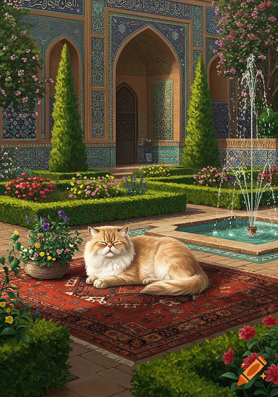 A fluffy ginger and white cat naps on a red Persian rug in a lush garden with an ornate, tiled building and a fountain.