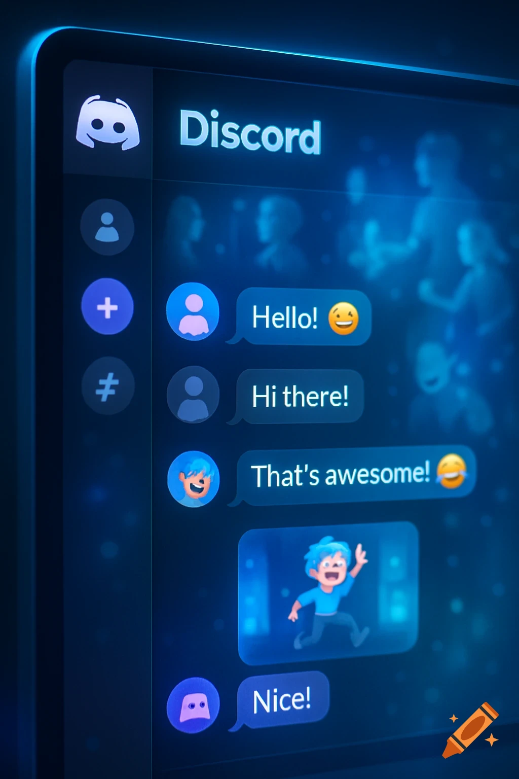 A close-up of a glowing blue Discord chat interface, showing messages like "Hello!" and "That's awesome!" with emojis and avatars.