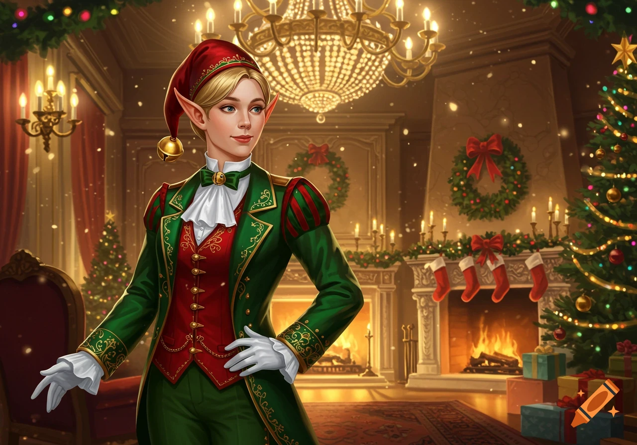 A female elf in a green and red Christmas butler uniform stands in a festive room with a decorated Christmas tree and fireplace.