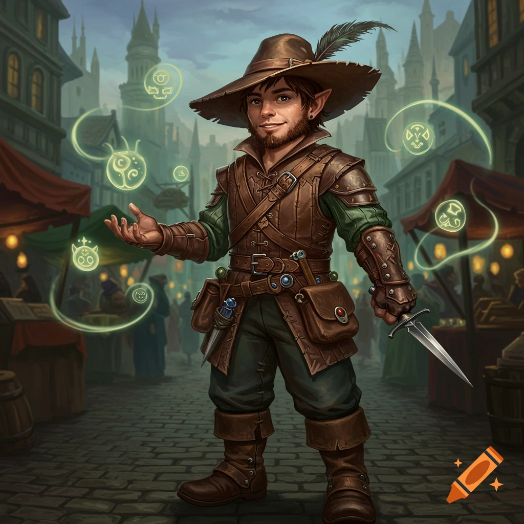A young male gnome illusionist with a beard and wide hat, holding a dagger, stands in a fantasy city market with glowing symbols.