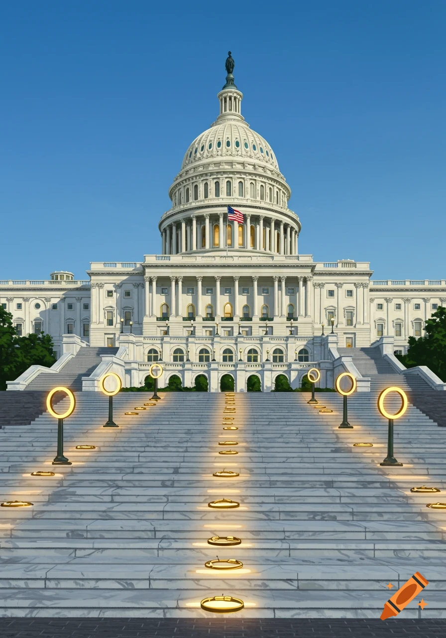 The U.S. Capitol building with a grand staircase adorned with golden ring lights under a clear blue sky.