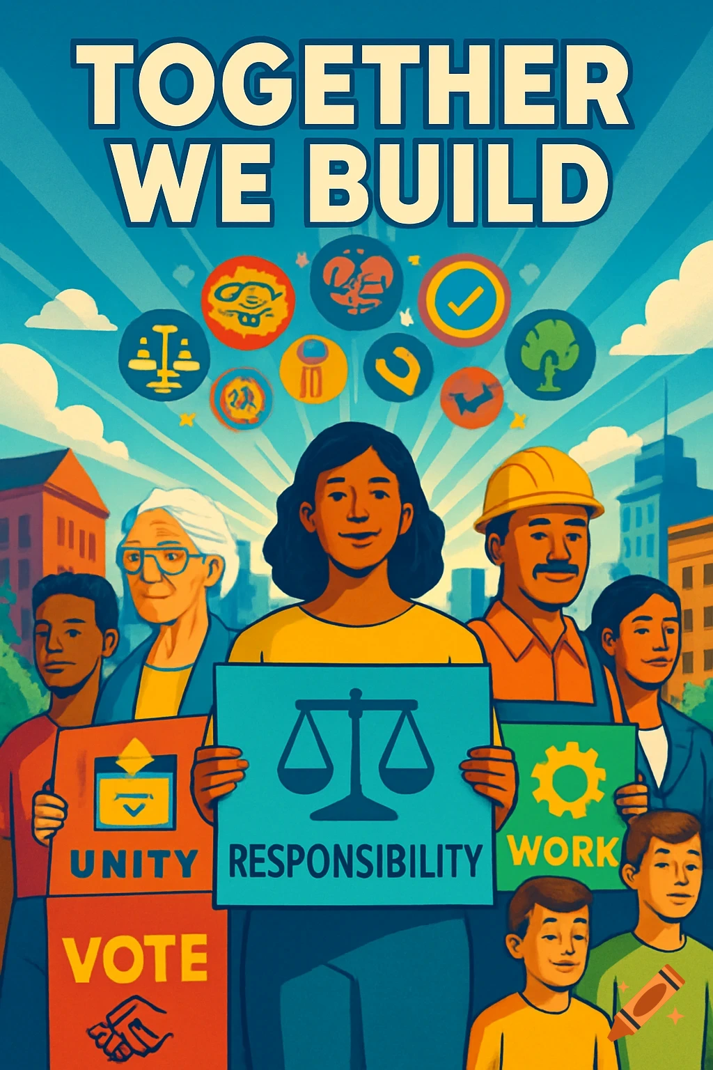 An illustrative poster depicts diverse citizens holding signs with words like "UNITY", "RESPONSIBILITY", and "WORK", under the banner "TOGETHER WE BUILD" against a bright sky with sun rays and various civic icons.