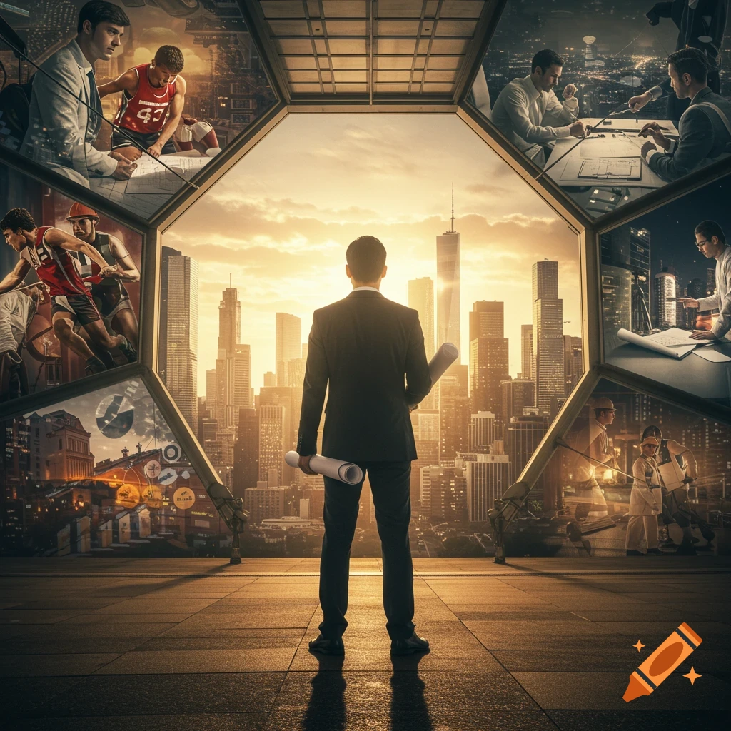 A man in a suit stands in a window overlooking a city at sunset, surrounded by hexagonal panels depicting scenes of business, sports, and construction.