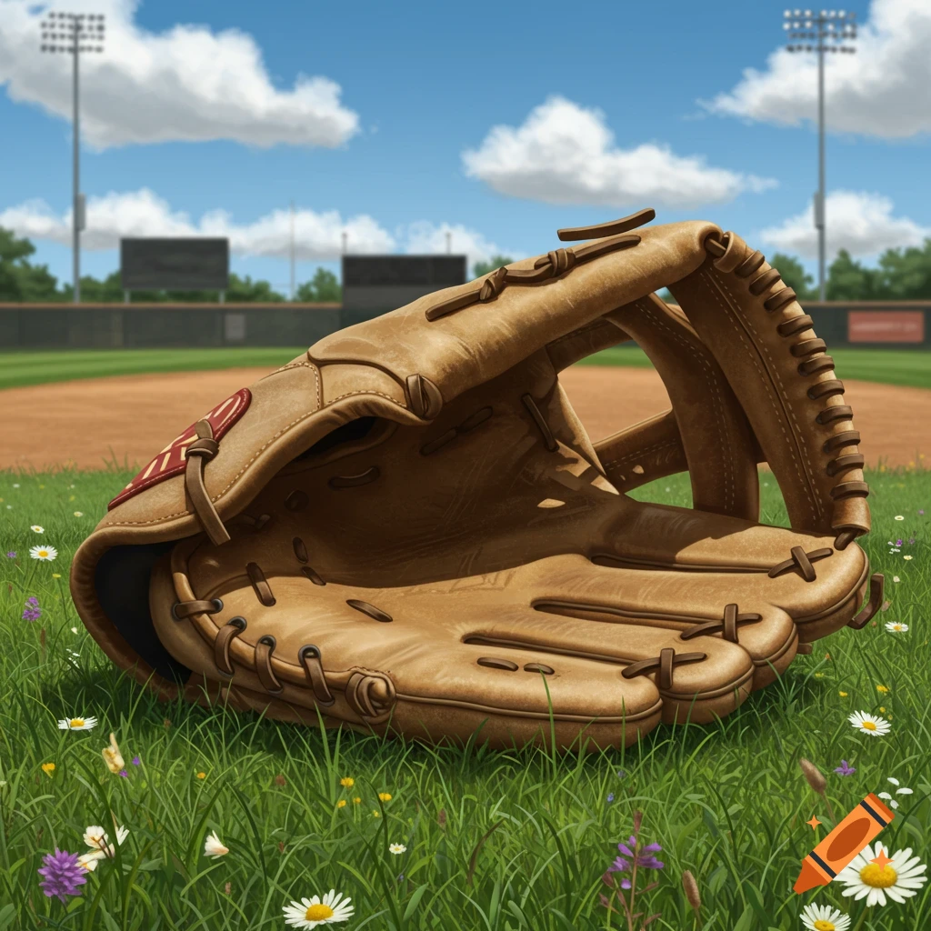 A brown leather baseball glove rests in the green grass of a baseball field under a blue sky with white clouds.