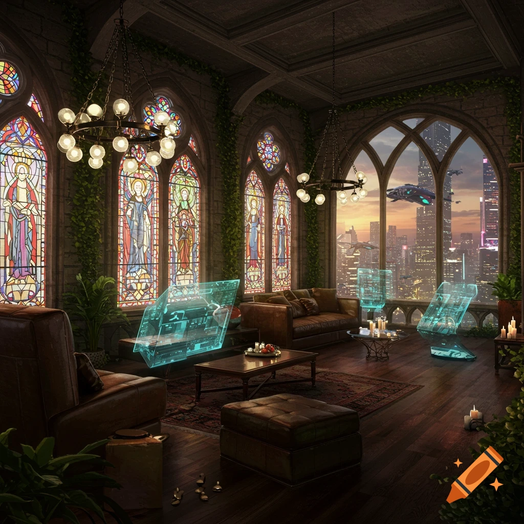 Picture of Luxurious penthouse with gothic stained glass, modern furniture, and ...