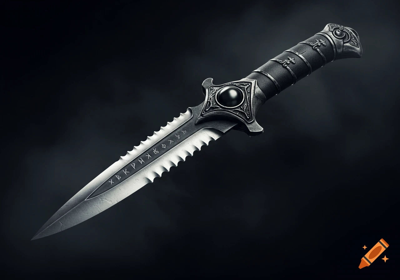 A stylized, ornate dagger with a black handle, a black pearl in its pommel, a saw-toothed edge, and decorative runes engraved on its blade, set against a dark background.