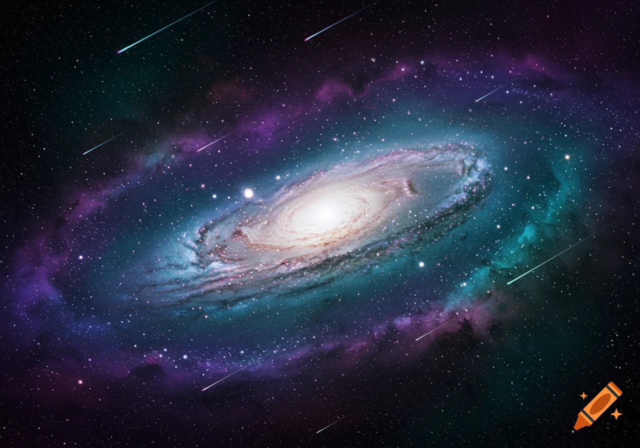 A vibrant spiral galaxy with a bright core, surrounded by stars and streaking lights in a dark cosmic sky.