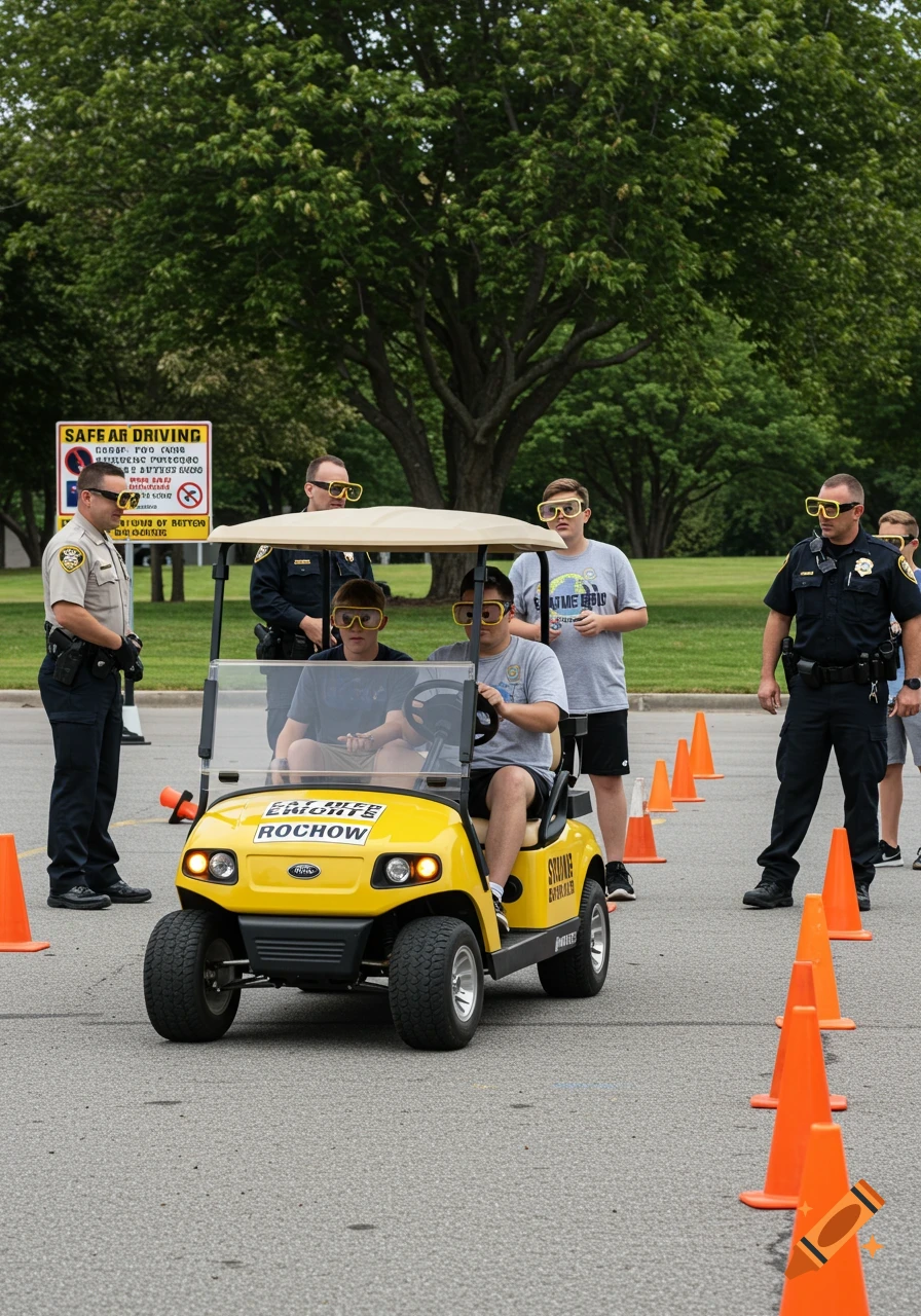 Police officers supervise young people in a yellow golf cart, wearing yellow 'drunk goggles' while navigating a cone course on pavement during an impaired driving event.