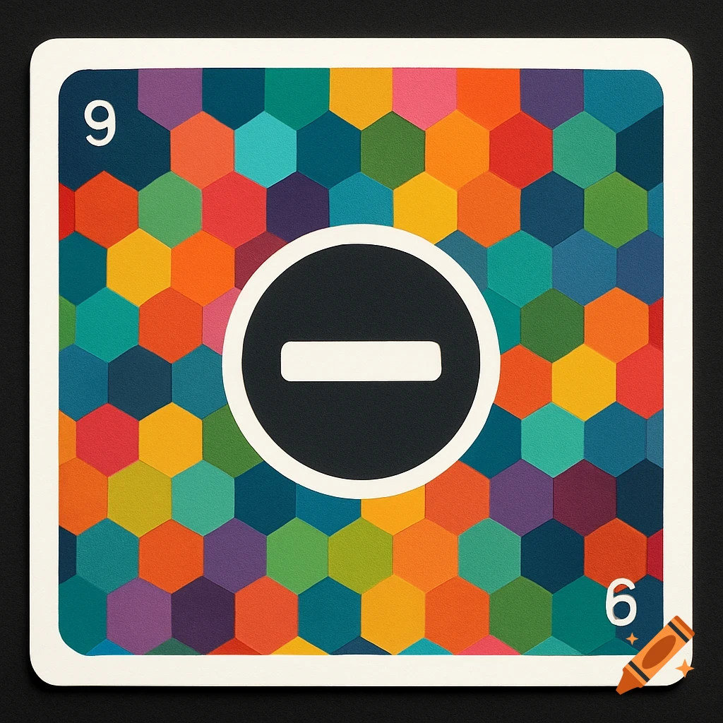 A playing card with a white minus sign in a black circle, on a colorful hexagonal pattern. The number 9 is in the top left, and 6 in the bottom right.