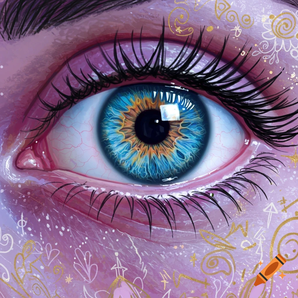 A vibrant close-up of a blue and orange eye, surrounded by textured purple skin with intricate gold and white abstract doodles.