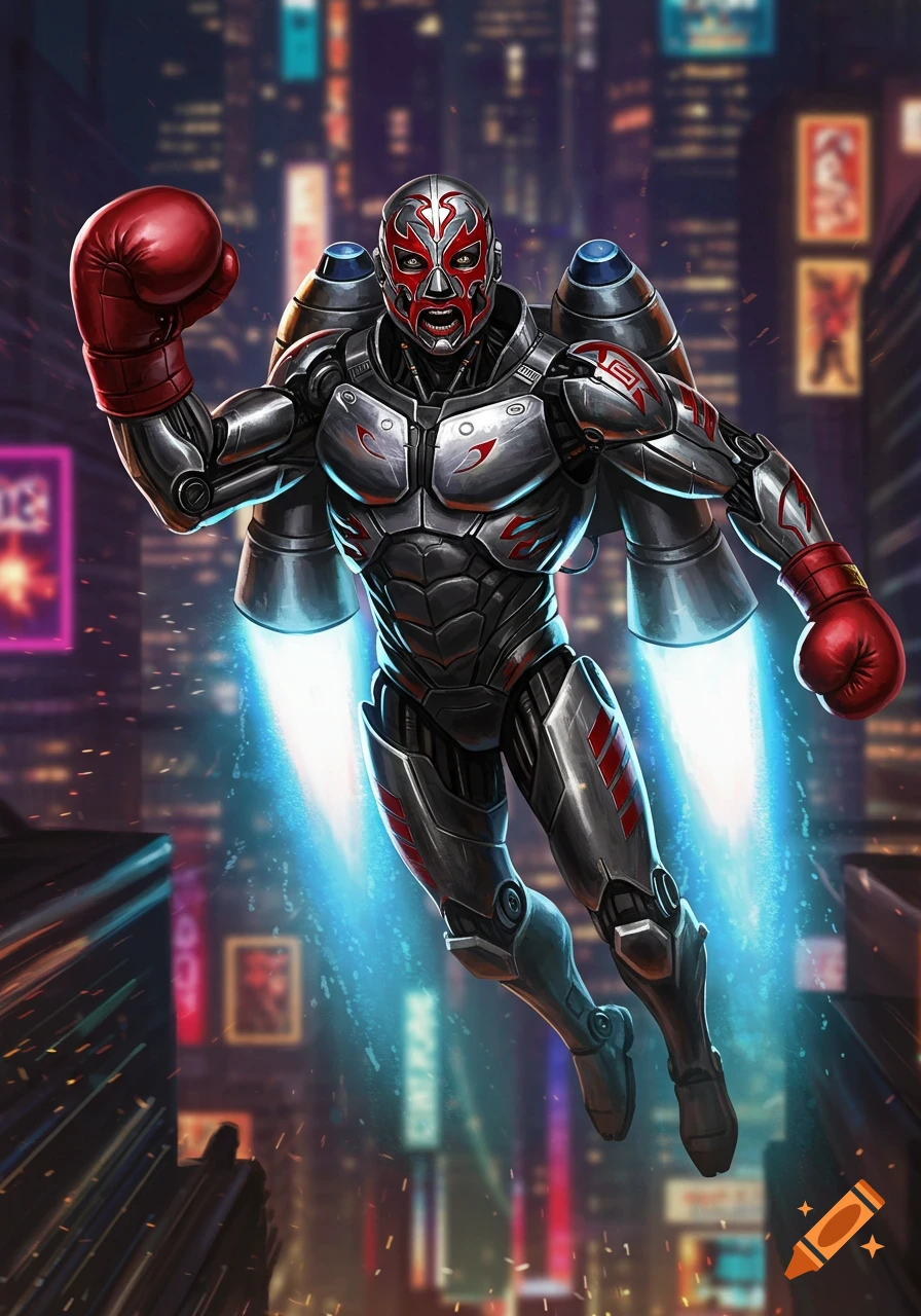 A cyborg in a red luchador mask and boxing gloves, with a jetpack, flies over a neon-lit cyberpunk city at night.