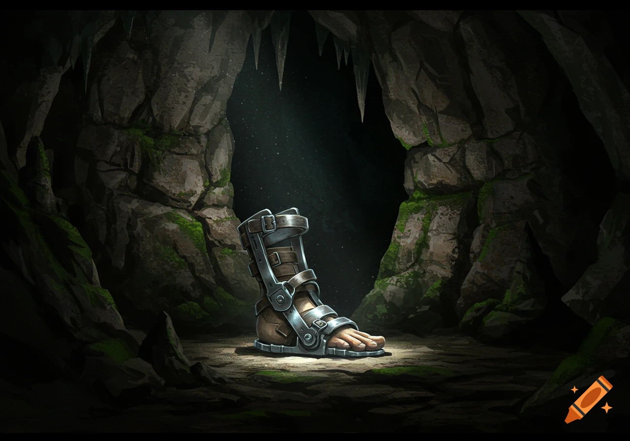 A single foot wearing a fantasy armored sandal in a dark cave, illuminated by a beam of light, in a painted style.
