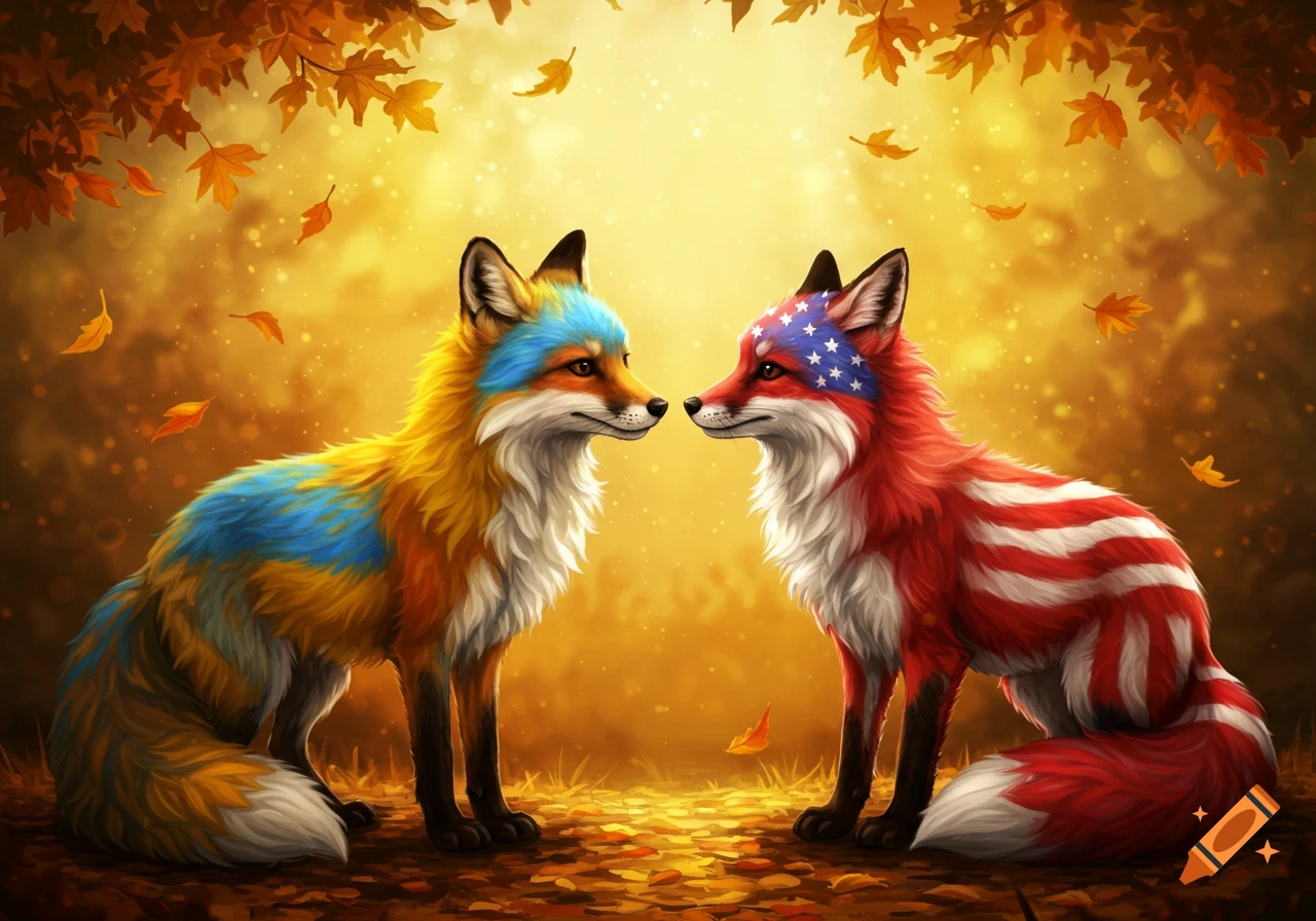 Two stylized foxes with Ukrainian and American flag patterns on their fur face each other in an autumn forest.