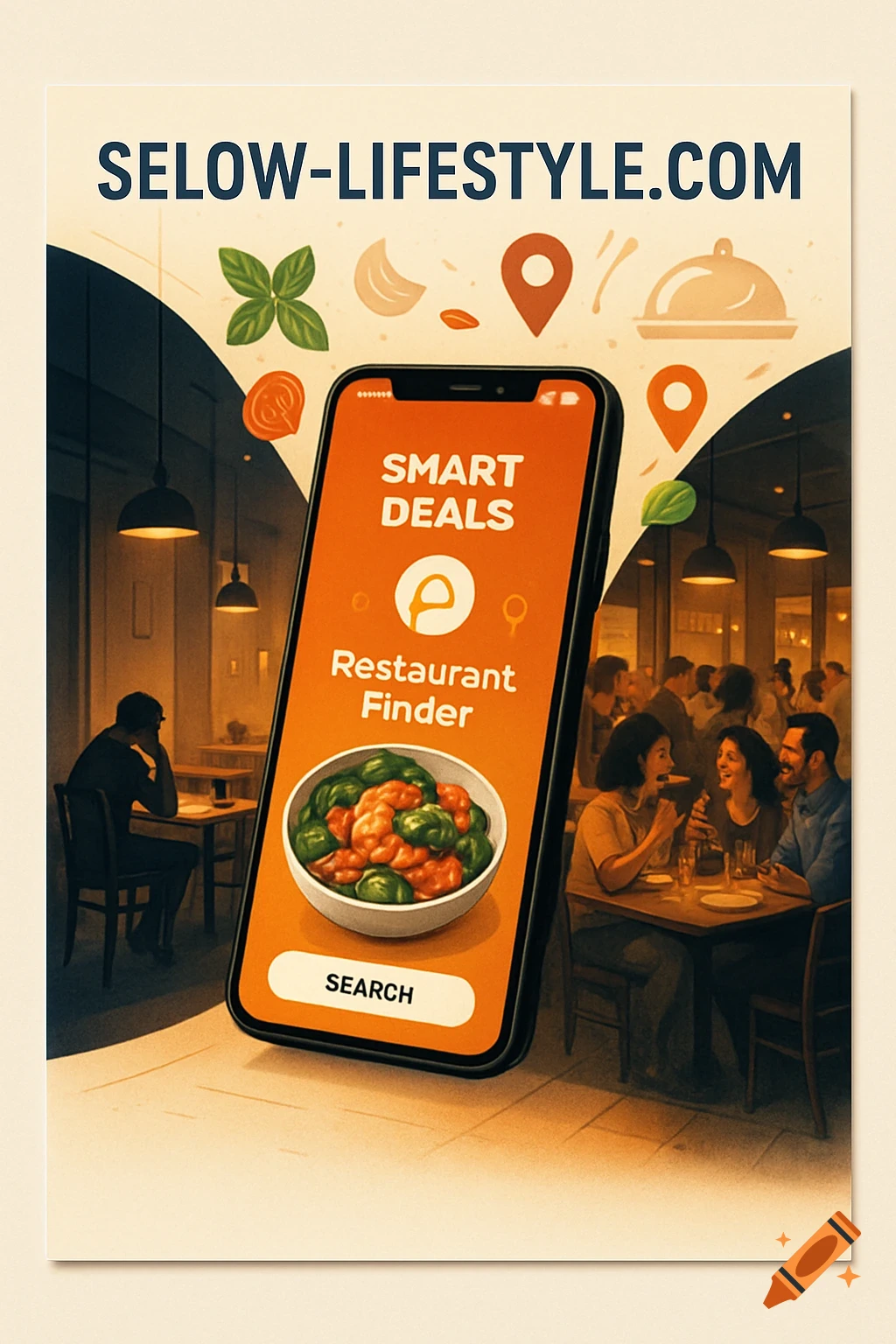 A stylized marketing poster for Selow-Lifestyle.com app, featuring a smartphone showing 'Smart Deals' and 'Restaurant Finder' screens amidst a restaurant scene with diners.