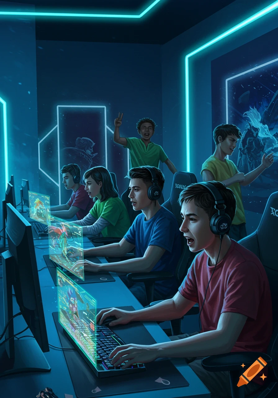 Teenagers play video games with holographic screens in a dark, neon-lit gaming room, in a digital art style.