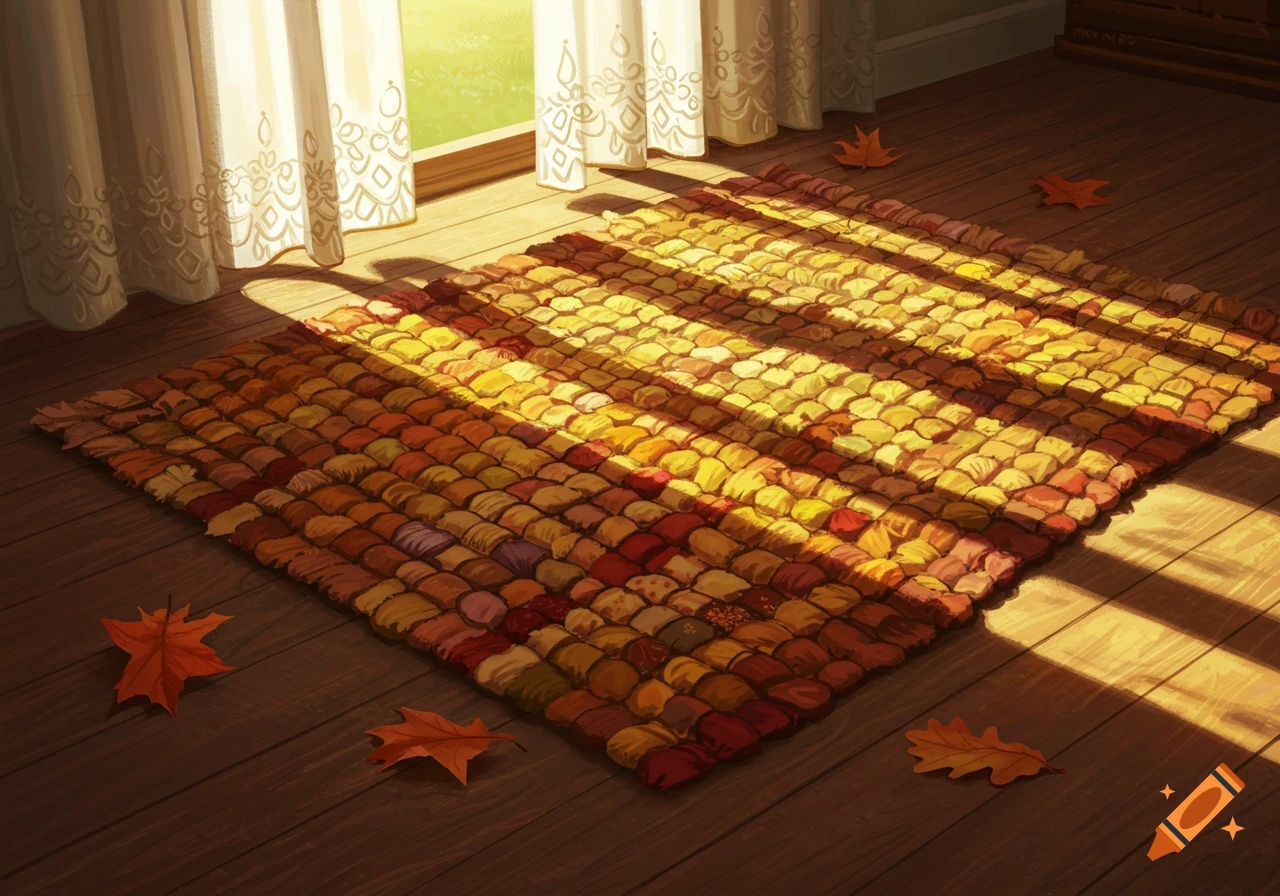 A close-up of a rag rug in warm fall colors, dappled with sunlight, on a wooden floor with scattered autumn leaves.