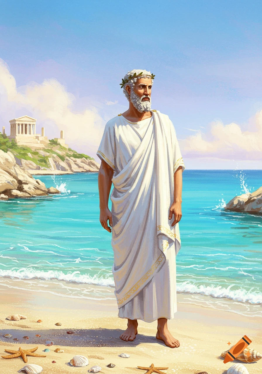 Illustration of a bearded man in a white toga and laurel wreath standing on a sandy beach with a turquoise sea and an ancient Greek temple in the background.