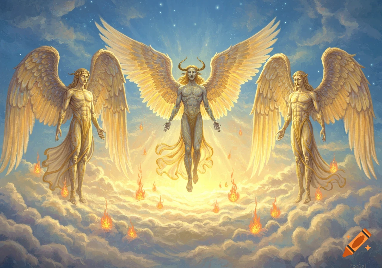 Three majestic winged angelic figures, one horned, float among fiery clouds under a starry sky.