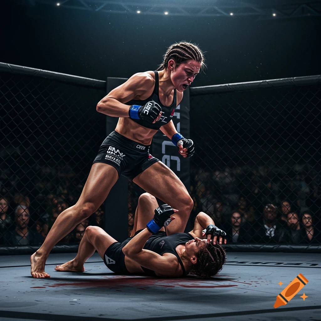 Two female MMA fighters in a cage, one stands over the other who is on the ground with blood spatters on the mat. Photorealistic.