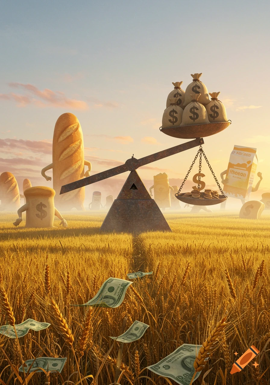 A rustic scale in a golden wheat field, with money bags on one side outweighing a dollar sign and coins on the other. Anthropomorphic bread and money bags with limbs stand in the background, as dollar bills float among the wheat stalks at sunset.