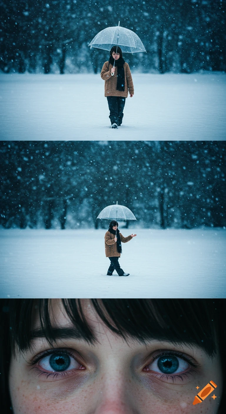 A triptych of a person in a snowy landscape. The top two panels show the person with a clear umbrella in a vast, snowy field. The bottom panel is a close-up of their sorrowful blue eyes.