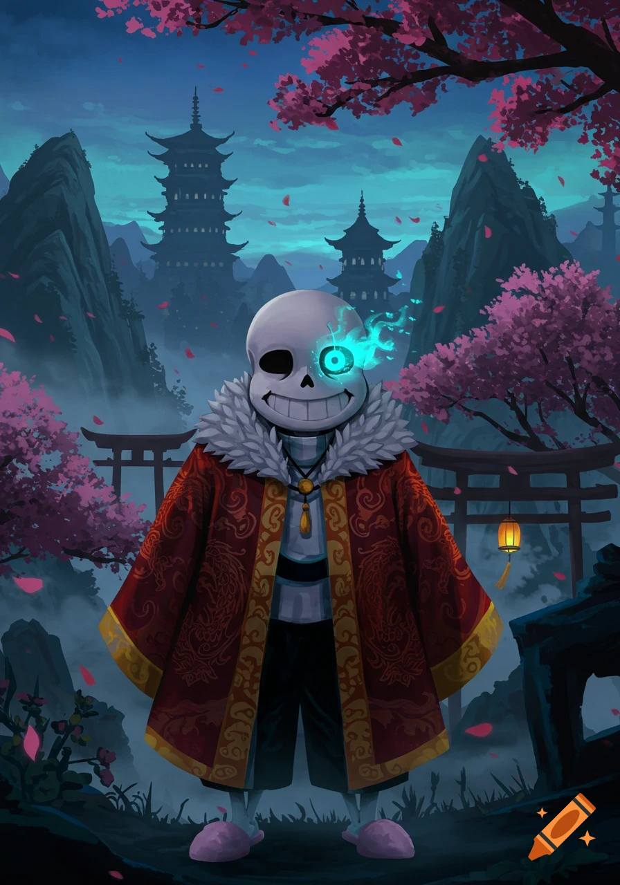 Sans from Undertale in a red robe with a glowing blue eye, standing in a fantastical Japanese landscape with cherry blossoms, pagodas, and torii gates.