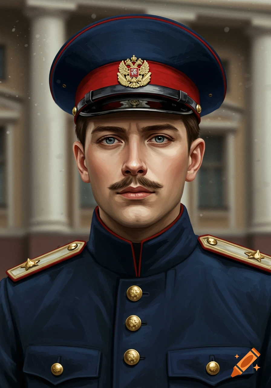 Portrait of a young man with a mustache in a blue Russian Empire police uniform and cap.