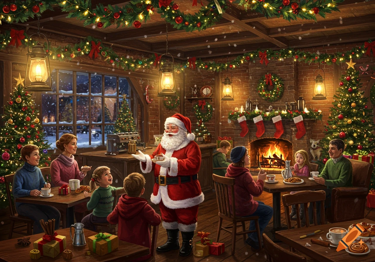 Santa Claus greets families in a warm, festive Christmas cafe adorned with garlands, lights, and a fireplace.
