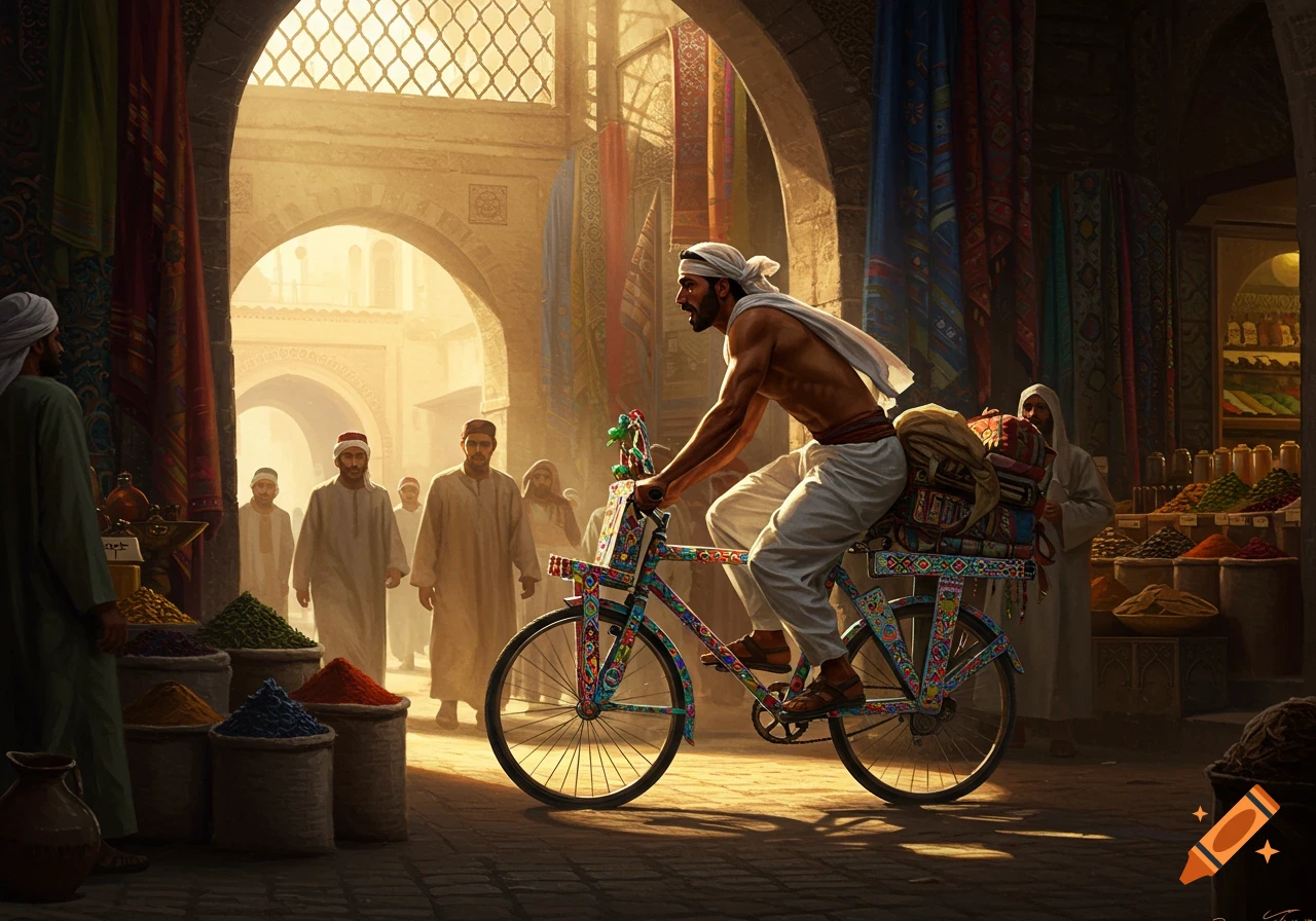 A muscular man in traditional white clothing rides an elaborately decorated bicycle through a bustling Middle Eastern market, past spice stalls and archways.