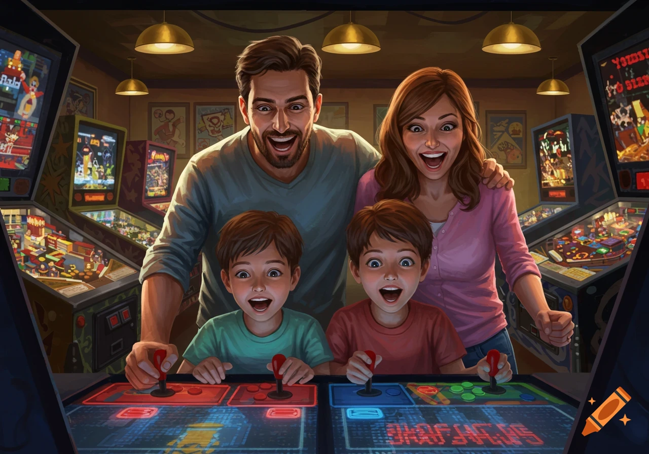 A joyful family of four, including parents and two young sons, plays a 4-player arcade game together, smiling excitedly in a brightly lit arcade.